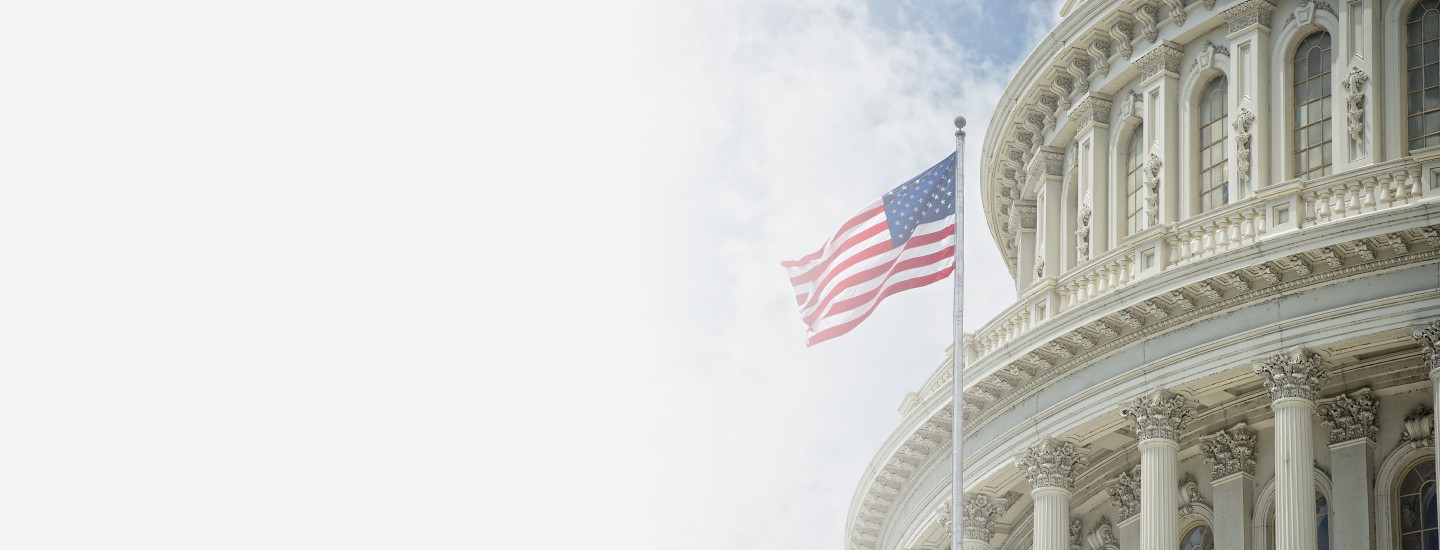 2880x1100 left gray gradient of Washington DC Capitol dome detail with waving American flag