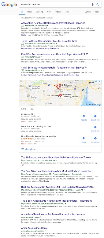 Google search results for local accountants