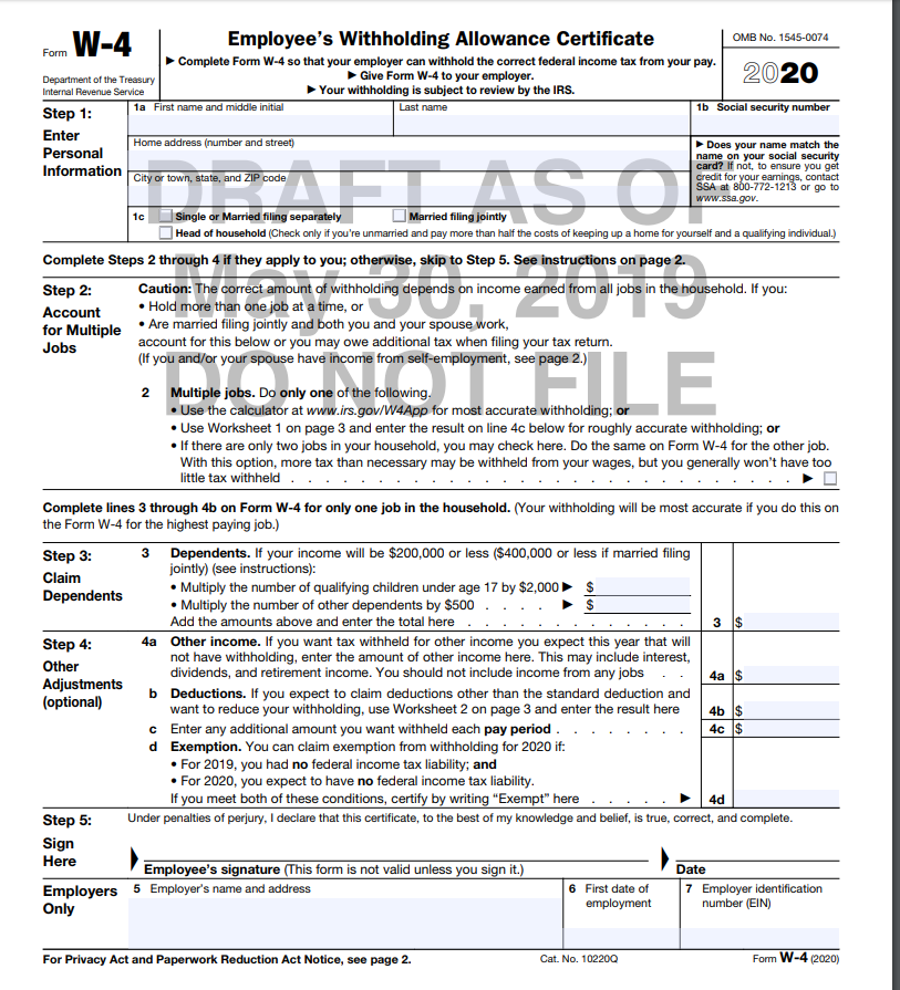 Irs Releases Draft 2020 W 4 Form 6488