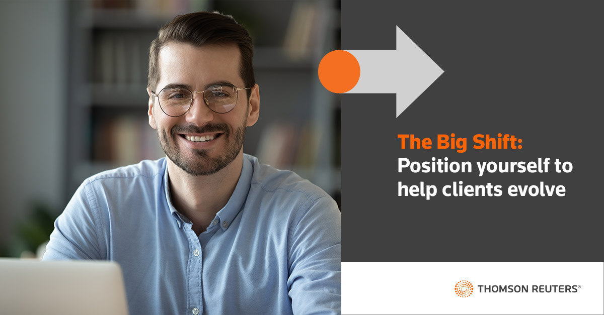 Digital ad for TR white paper "The big shift: Position yourself to help clients evolve," featuring a smiling man in glasses and an arrow graphic above the words
