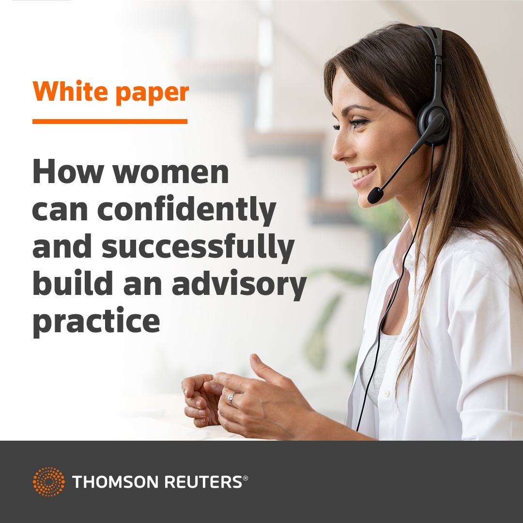 Ad for TR white paper, How women can confidently and successfully build an advisory practice, featuring a woman with a headset on smiling as she talks