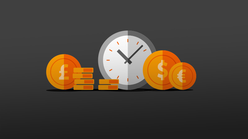 Graphic of a clock and piles of money against a dark gray background.