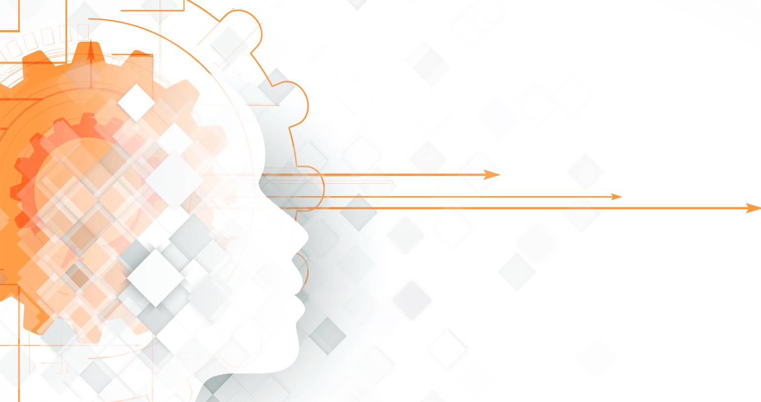 Graphic of a white human head with orange gears turning inside.