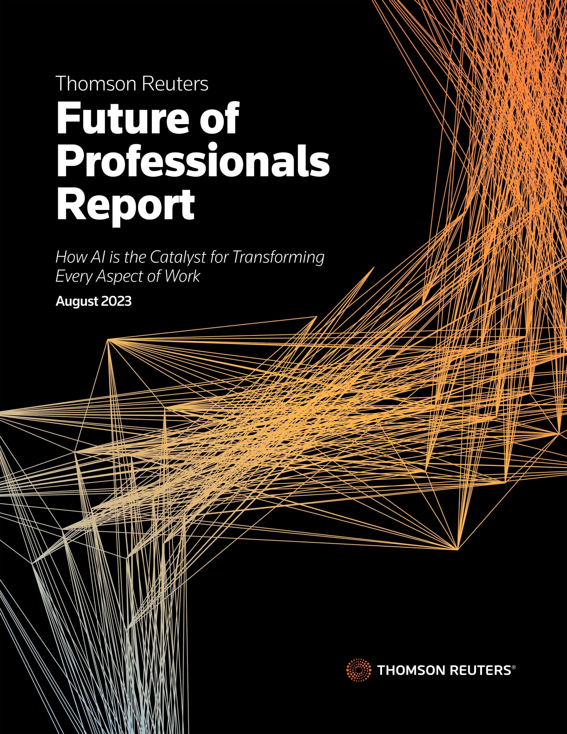 Cover of the 2023 Future of Professionals Report showing light orange, yellow, and light blue lines against a black background.
