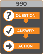 Graphic with '990' and 'question, answer, action' pointing down.