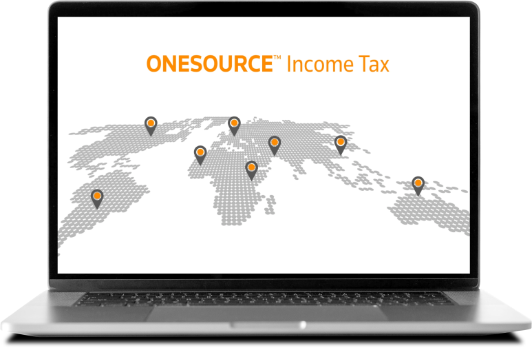 A laptop screen showing a map of the world with the title "ONESOURCE Income Tax".
