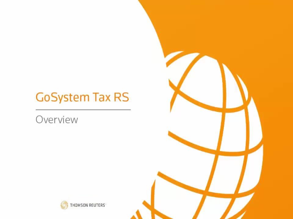 Still cover image from a demo of GoSystem Tax RS showing a white globe on an orange background.