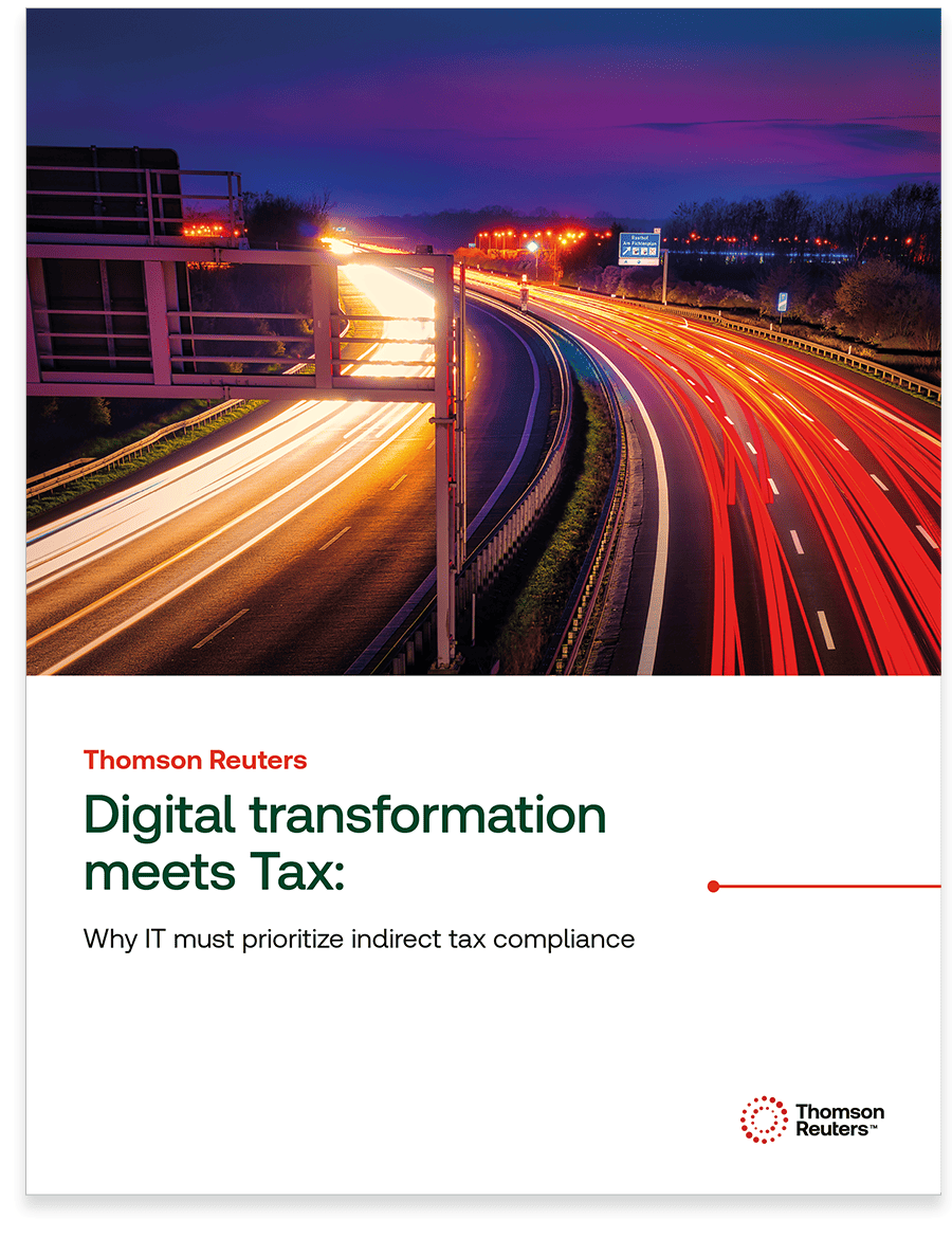 White paper cover of blurred traffic at night. The title of the white paper is "Digital Transformation Meets Tax."