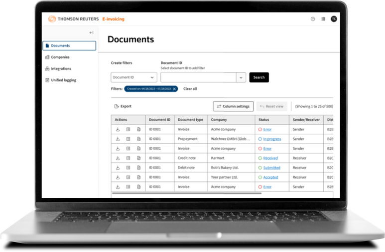 Laptop showing ONESOURCE E-invoicing.