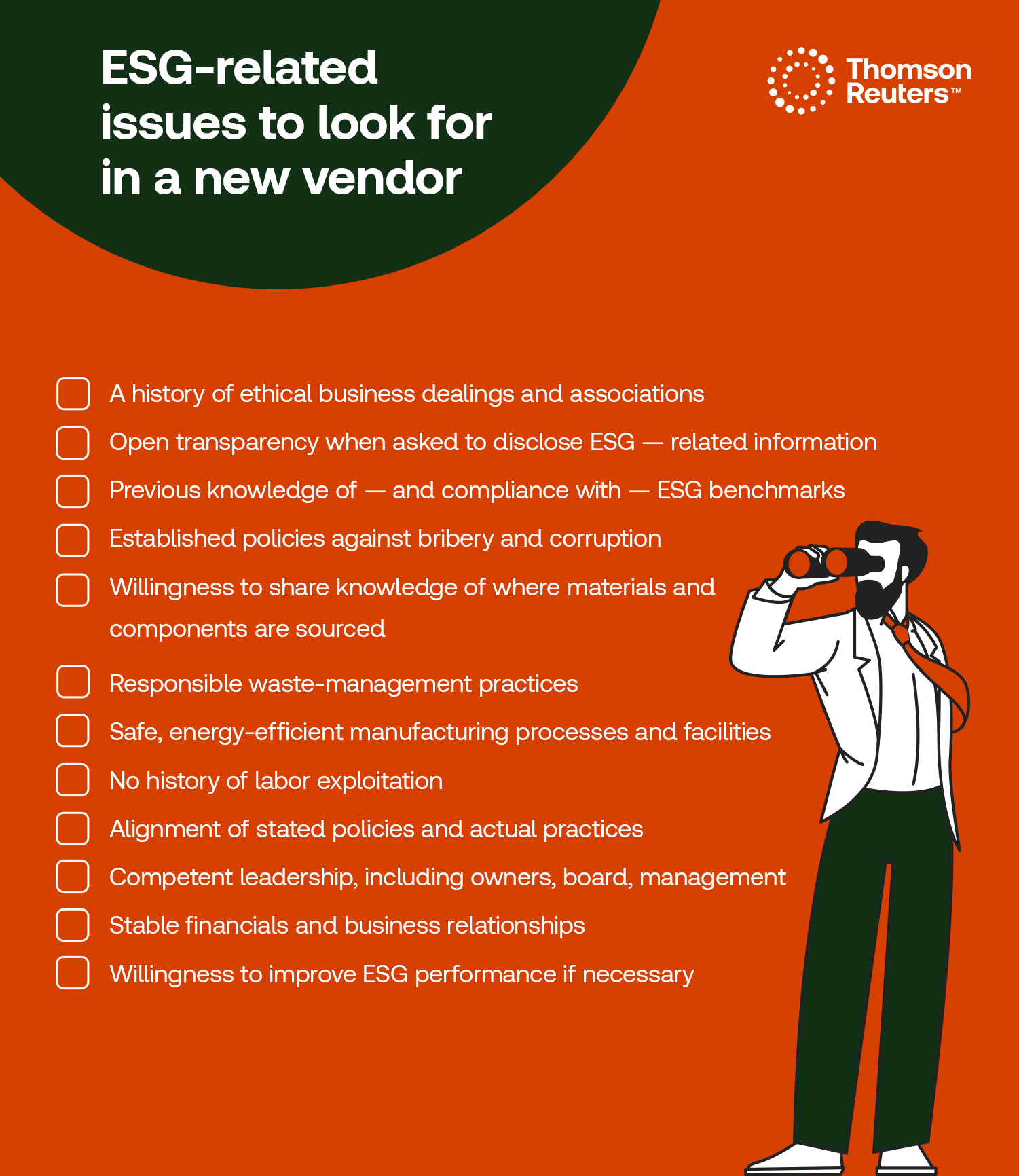 Orange and dark green infographic listing the top ESG-related issues to look for when assessing a vendor. ESG-related issues to look for in a new vendor: A history of ethical business dealings and associations Open transparency when asked to disclose ESG-related information Previous knowledge of—and compliance with—ESG benchmarks Established policies against bribery and corruption Willingness to share knowledge of where materials and components are sourced Responsible waste-management practices Safe, energy-efficient manufacturing processes and facilities No history of labor exploitation Alignment of stated policies and actual practices Competent leadership, including owners, board, management Stable financials and business relationships Willingness to improve ESG performance if necessary