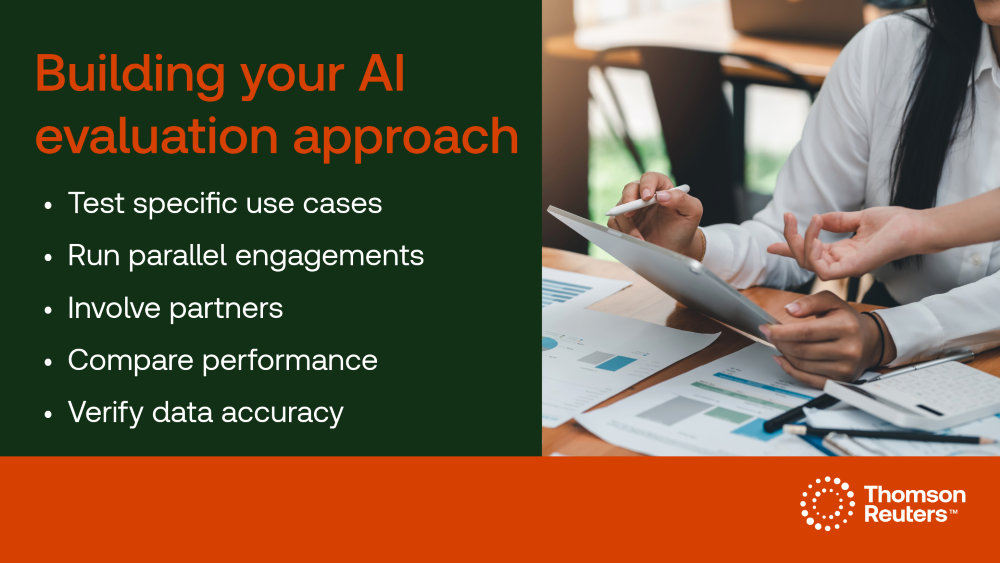Image header text reads, 'Building your AI evaluation approach' Checklist follow, 'Test specific use cases, run parallel engagements, involve partners, compare performance, verify data accuracy.'