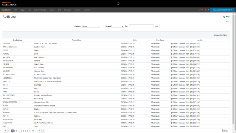 Screenshot from ONESOURCE Global Classification showing an example of an audit log in the platform.