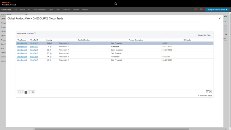 Screenshot from ONESOURCE Global Classification showing an example of a global product view list with columns for tariffs, countries, product description, HS number, and more.