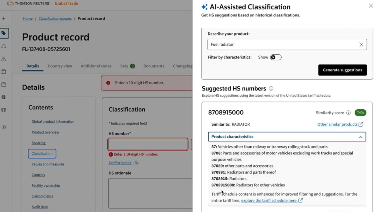 Screenshot from ONESOURCE Global Classification AI showing suggested HS numbers and a similarity score for radiators.