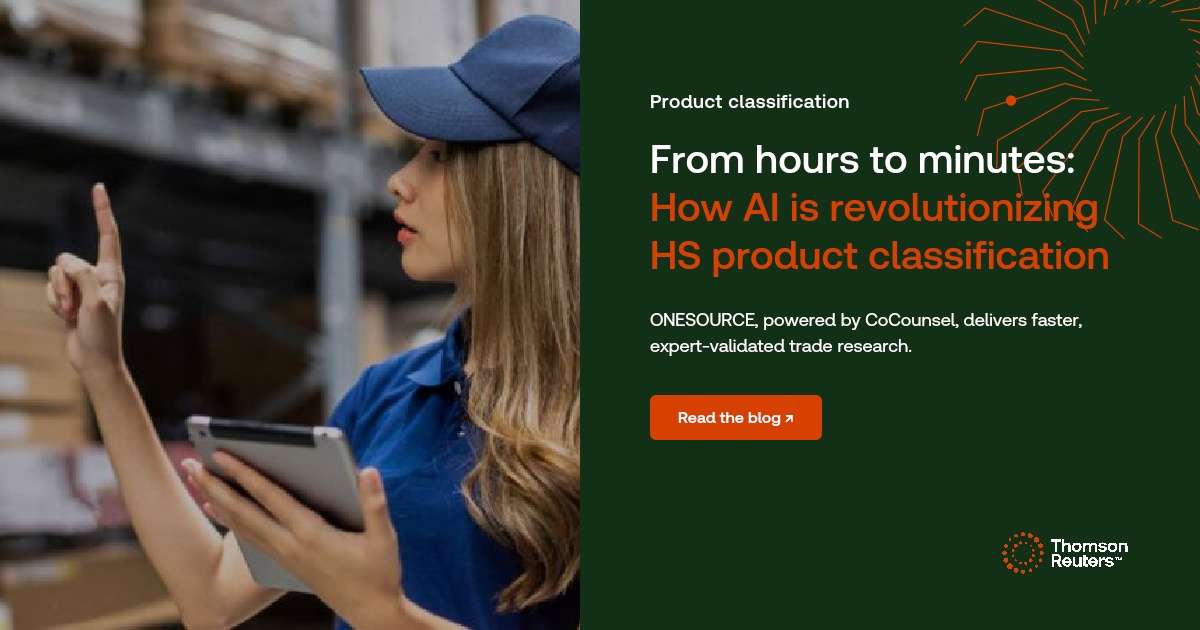 Warehouse worker in a cap using a tablet, banner text: From hours to minutes: How AI is revolutionizing HS product classification.