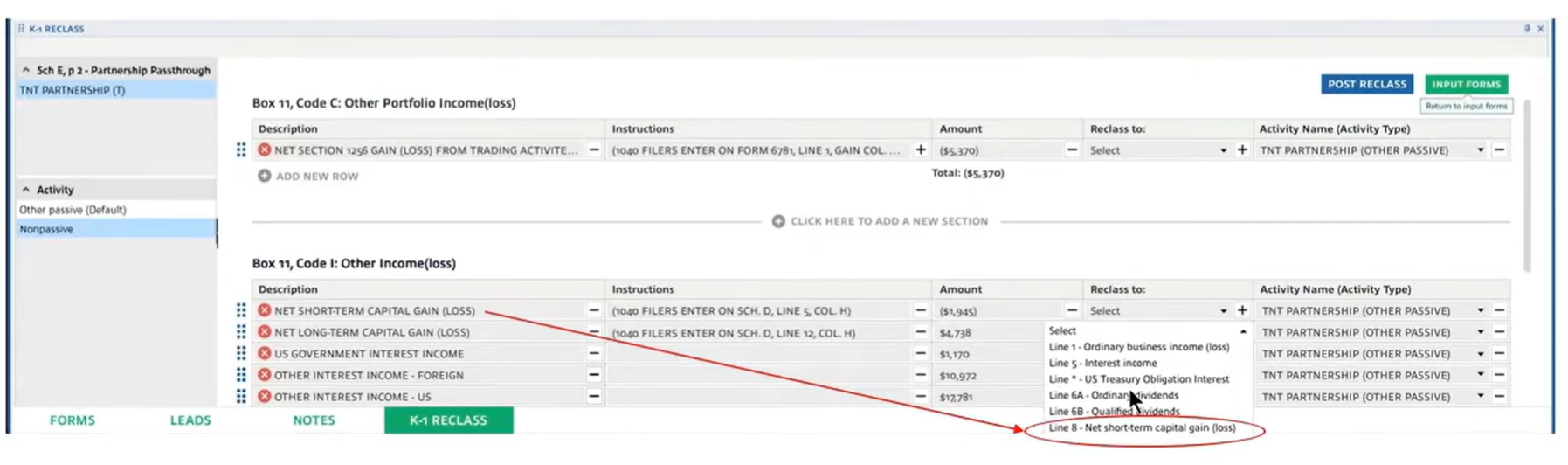 Screenshot from SPbinder showing the AI suggestions for reclassification in an example K-1.