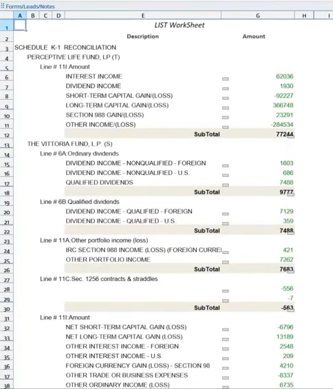 Screenshot from SPbinder of a worksheet using the K-1 Reclass feature to organize supplemental information