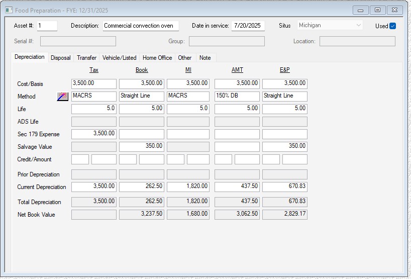 Screenshot from UltraTax CS showing its depreciation capabilities with an example of a commercial convection oven.