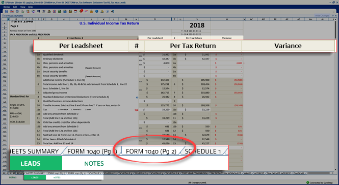 Screenshot from SPbinder showing an example of Form 1040 calculations on Leadsheets.