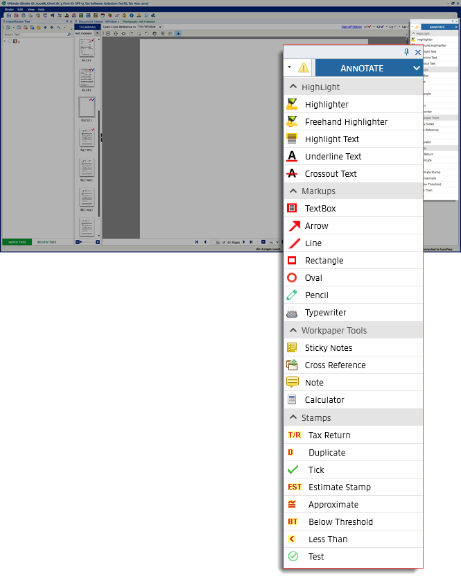 Screenshot from SPbinder showing the dropdown menu of editing options that the reviewer has in the software