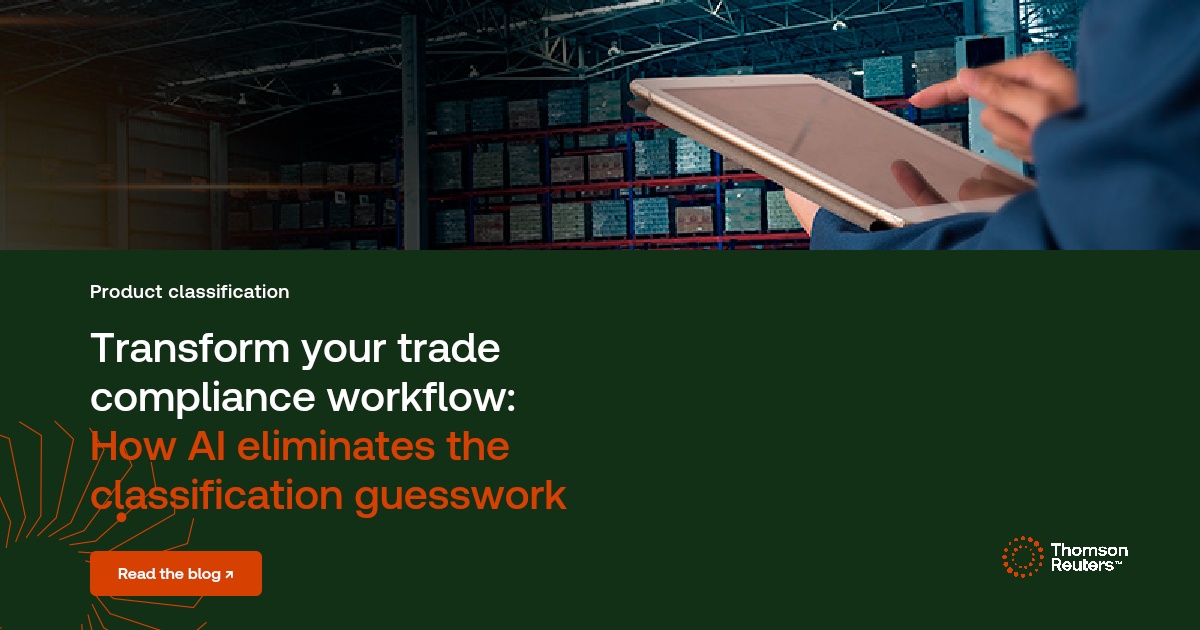 Warehouse worker using a tablet near stocked shelves, banner text: Transform your trade compliance workflow: How AI eliminates guesswork.