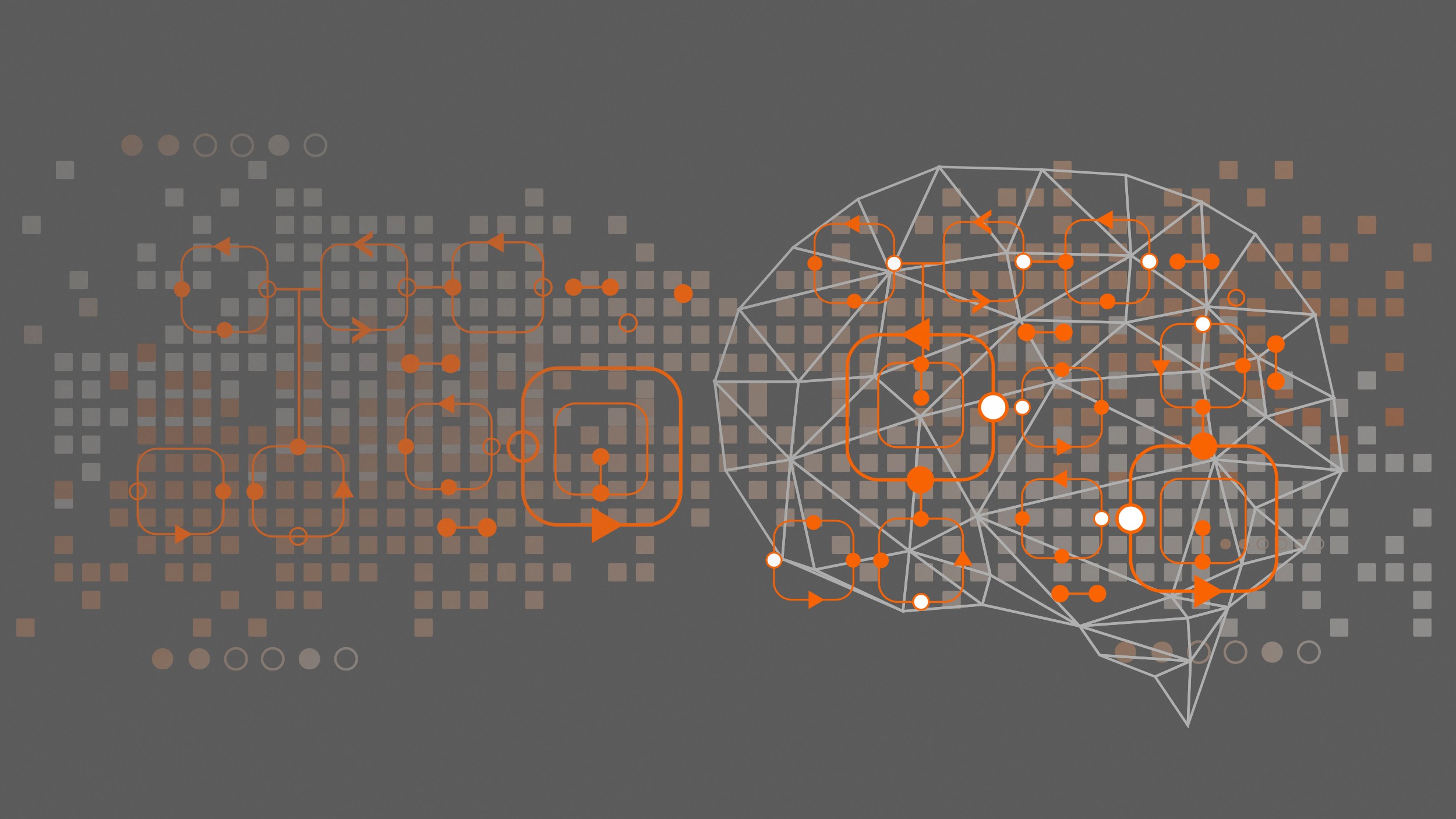 Graphic of a line-drawn brain against a dark gray background with orange and light gray lines crossing in the brain.