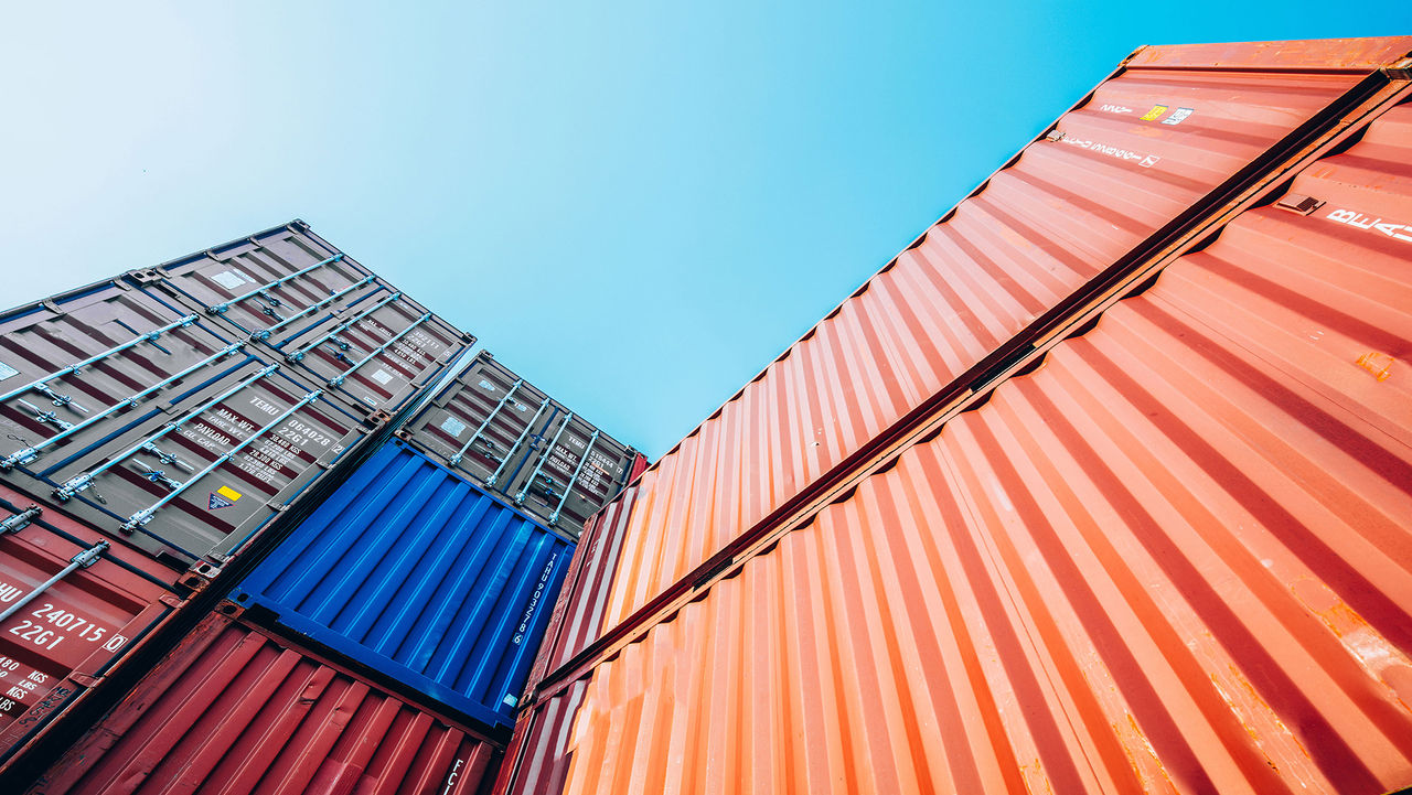 Stack of containers box, Cargo freight ship for import export logistics business