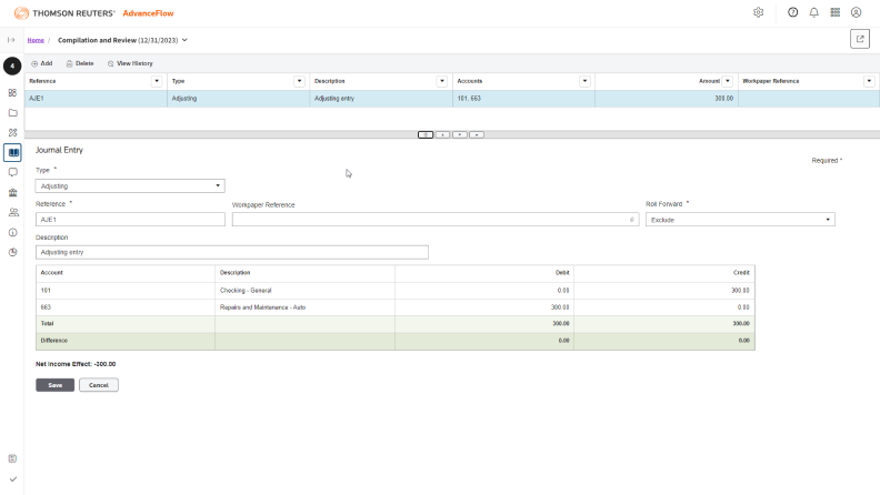 AdvanceFlow screenshot | Journal entries